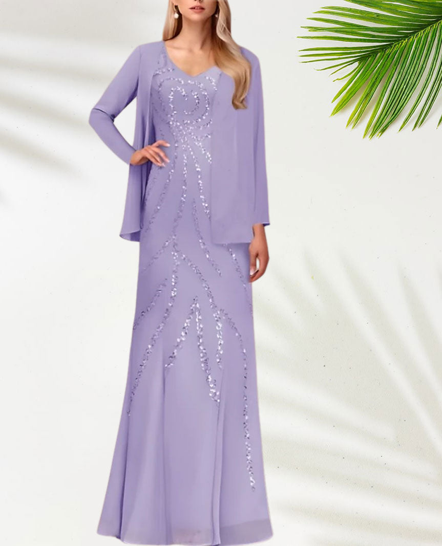 Weitese Dress Two Piece Sheath / Column Dress Suit Elegant Sparkle & Shine V Neck Floor Length Chiffon Sequined Short Sleeve With Sequin Mother of the Bride Dress