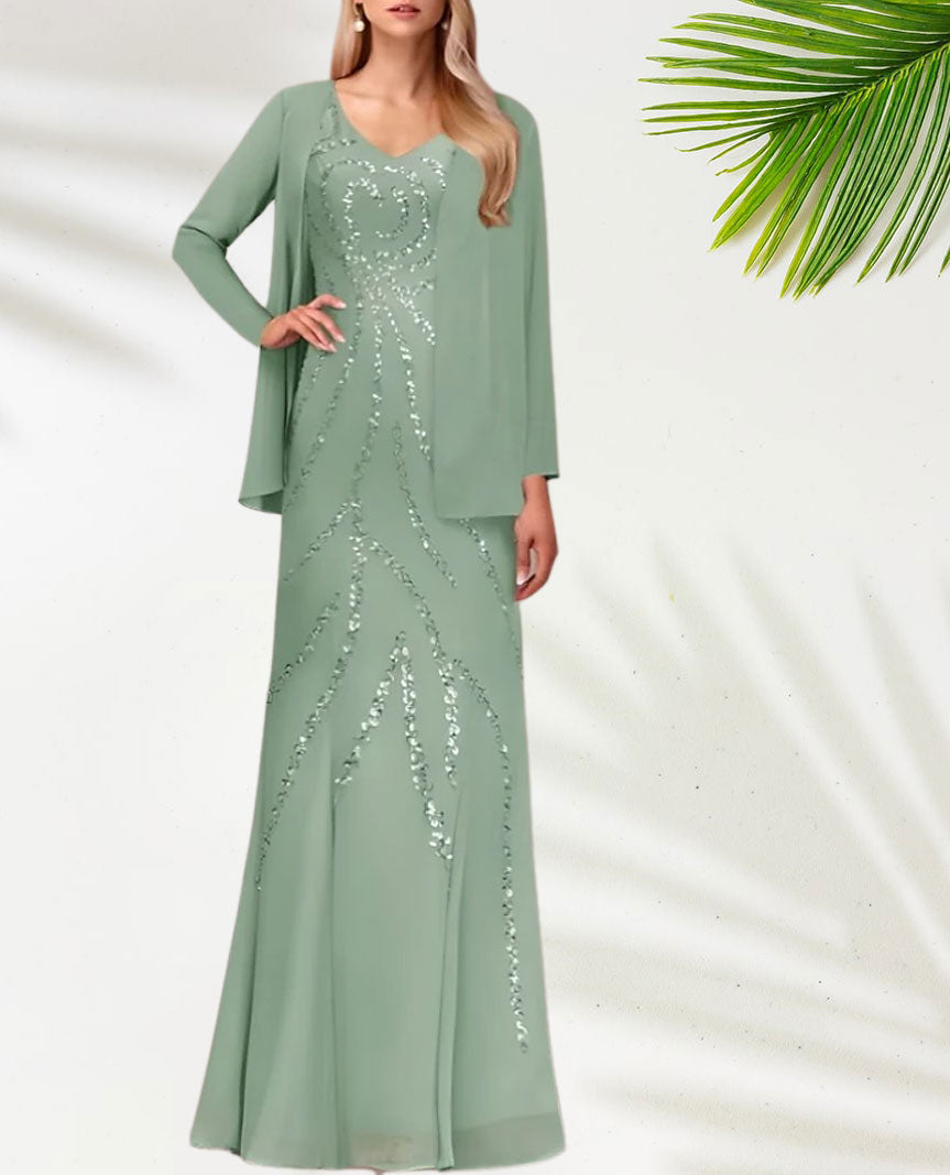 Weitese Dress Two Piece Sheath / Column Dress Suit Elegant Sparkle & Shine V Neck Floor Length Chiffon Sequined Short Sleeve With Sequin Mother of the Bride Dress
