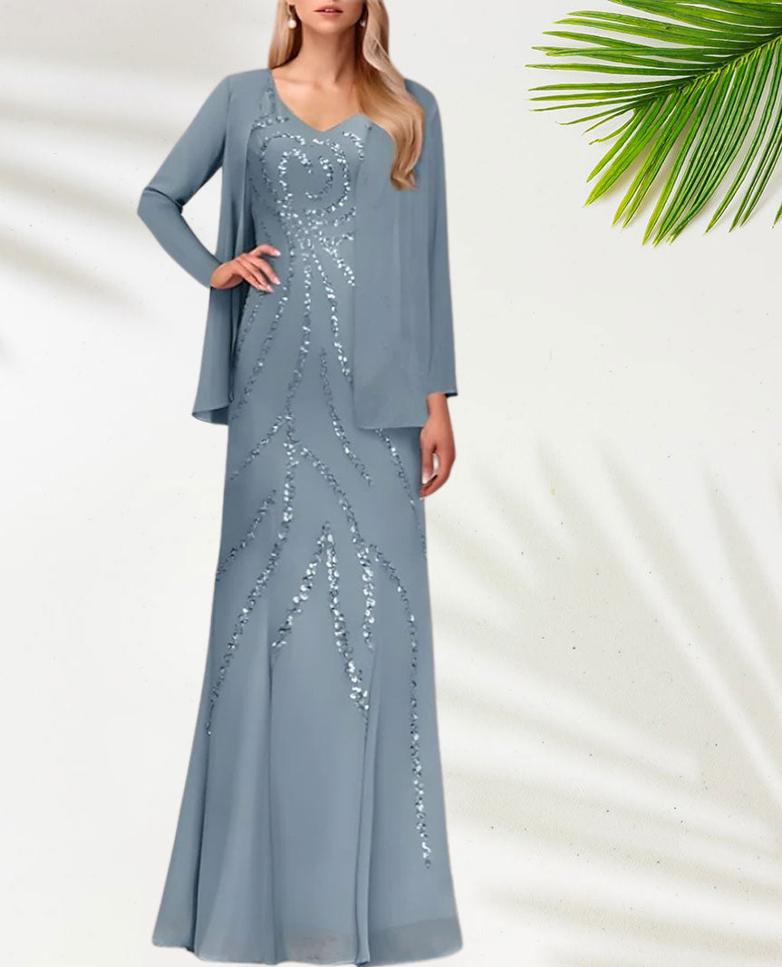 Weitese Dress Two Piece Sheath / Column Dress Suit Elegant Sparkle & Shine V Neck Floor Length Chiffon Sequined Short Sleeve With Sequin Mother of the Bride Dress