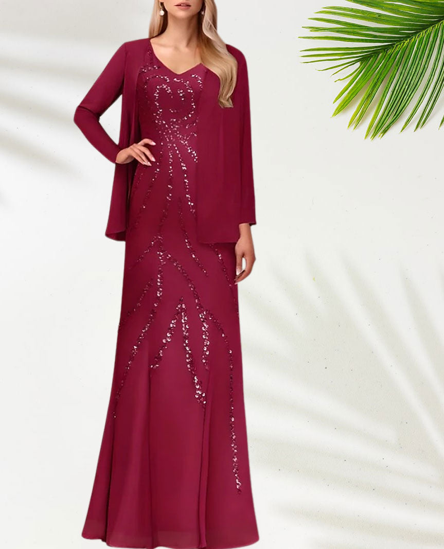 Weitese Dress Two Piece Sheath / Column Dress Suit Elegant Sparkle & Shine V Neck Floor Length Chiffon Sequined Short Sleeve With Sequin Mother of the Bride Dress