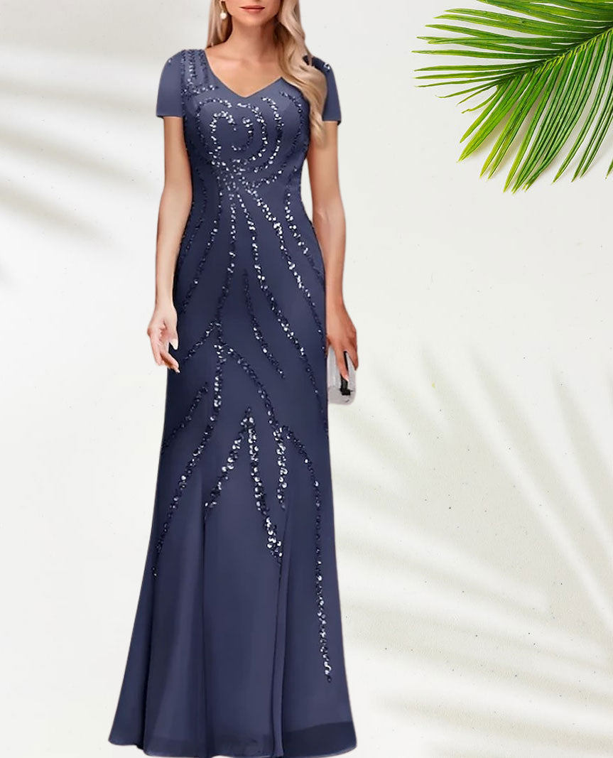 Weitese Dress Two Piece Sheath / Column Dress Suit Elegant Sparkle & Shine V Neck Floor Length Chiffon Sequined Short Sleeve With Sequin Mother of the Bride Dress