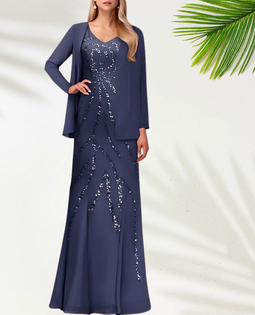 Weitese Dress Two Piece Sheath / Column Dress Suit Elegant Sparkle & Shine V Neck Floor Length Chiffon Sequined Short Sleeve With Sequin Mother of the Bride Dress