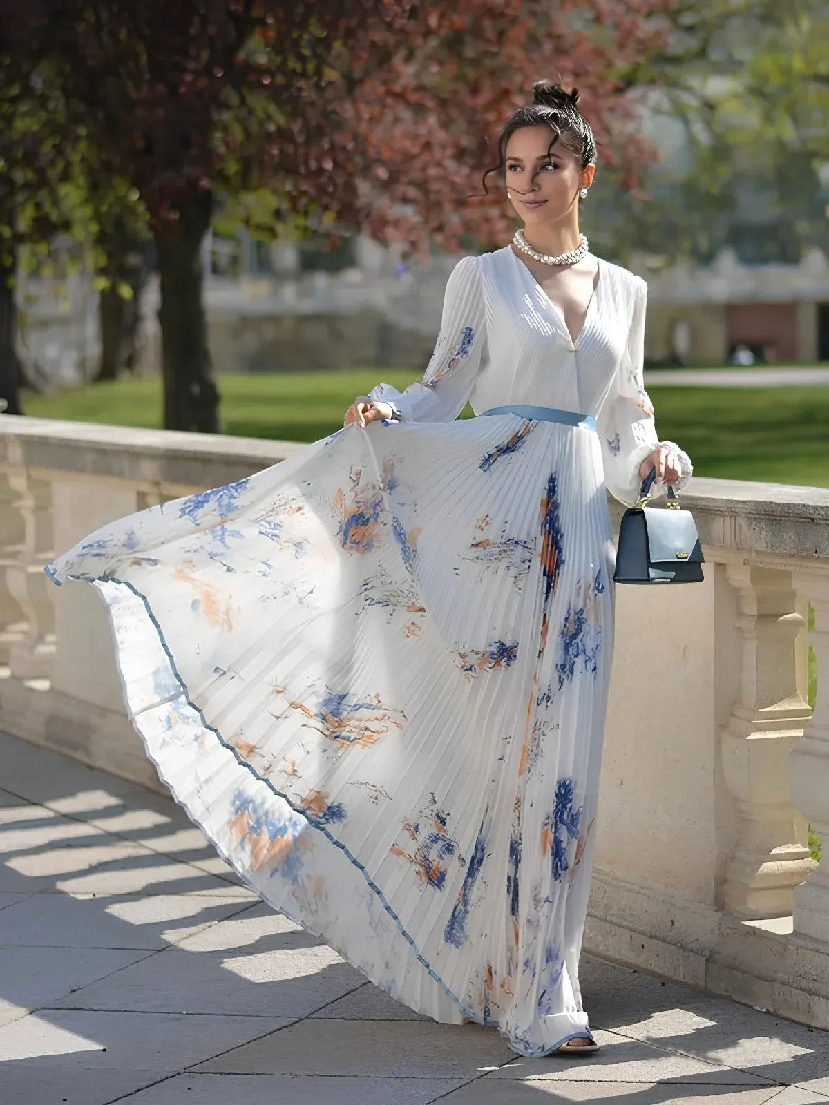 Weitese Dress White Pleated Chiffon V Neck  Prom Dress Floral Long Balloon Sleeve Flower Printed A-Line Maxi Dress