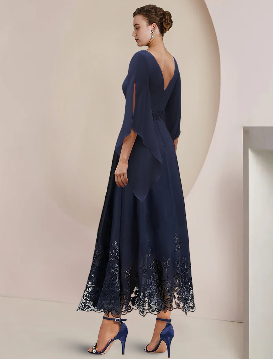 Side view of Weitese elegant chiffon lace dress, highlighting 3/4 sleeves.