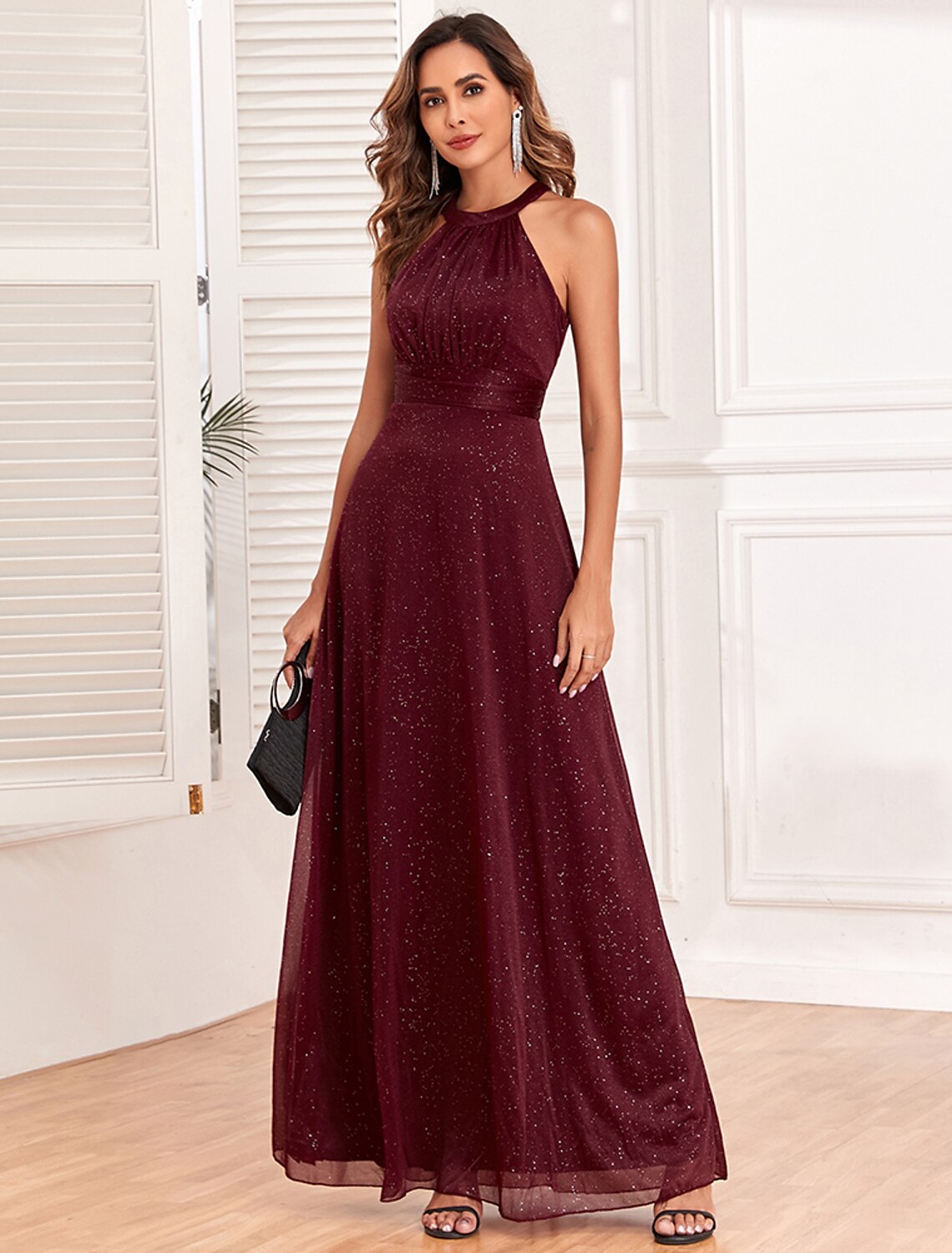 Weitese A-line halter neck glitter evening gown, front view.