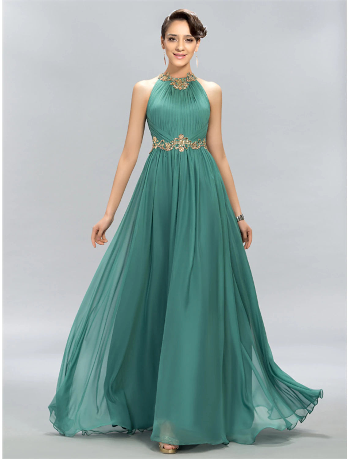 A woman wearing a Weitese A-line halter neck maxi dress with ruched details.