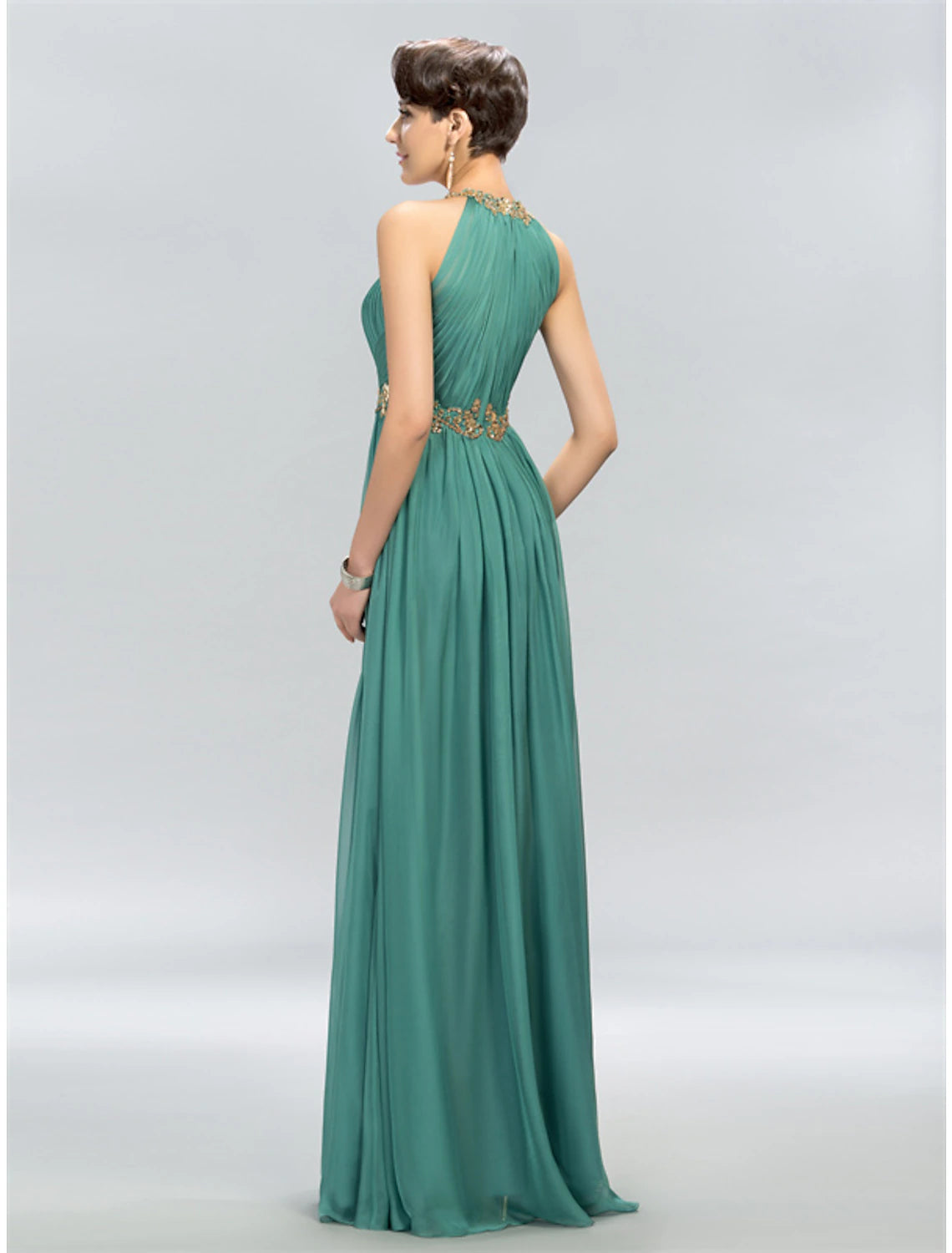 Side view of the Weitese chiffon A-line dress, showing the floor-length skirt.