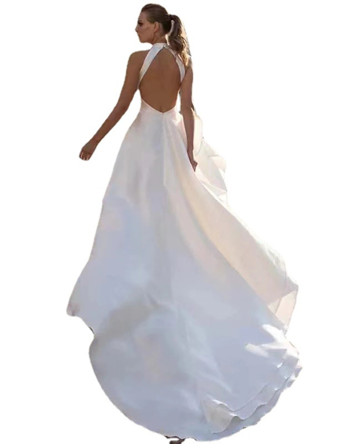 Side view of the Weitese A-Line halter satin gown, showing the elegant silhouette and train.