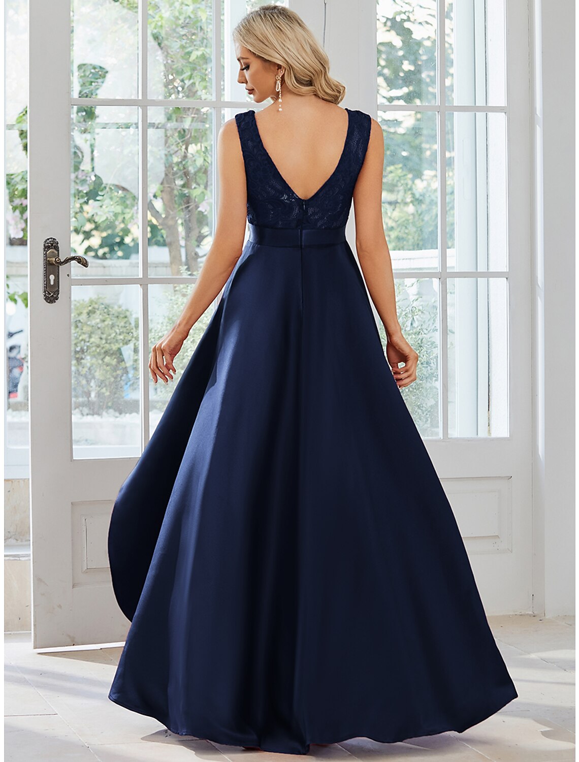 Another full-length view of the woman wearing the Weitese A-line dress.