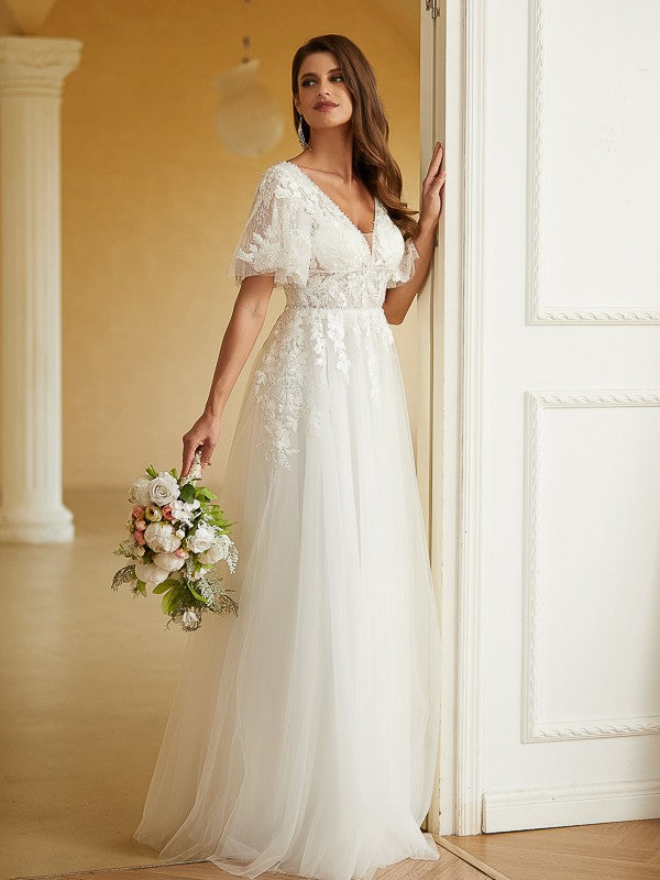 Weitese A-Line Princess wedding gown with tulle skirt and lace V-neck, front view.
