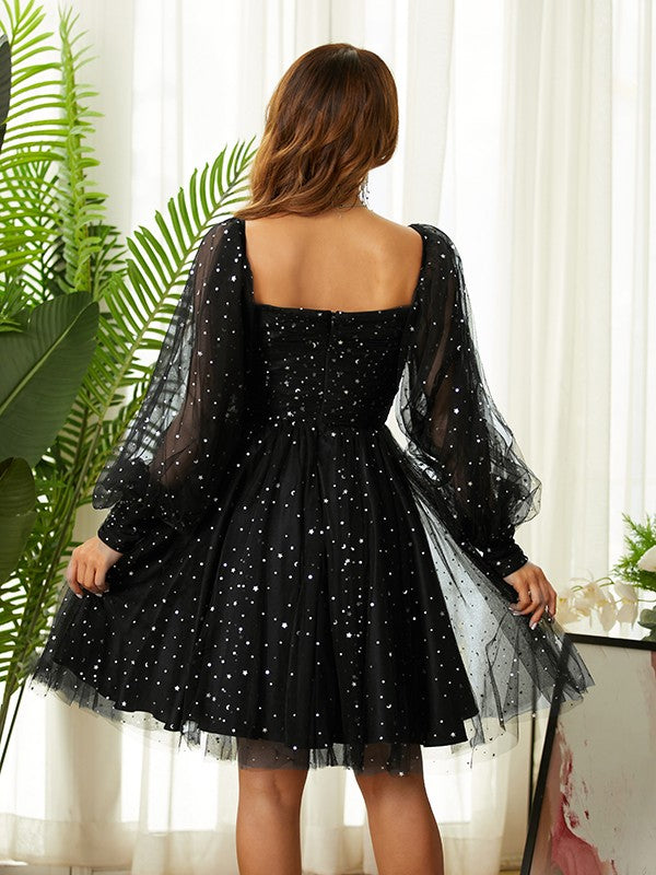 Side view of the elegant Weitese knee-length dress with long sleeves and ruffles.