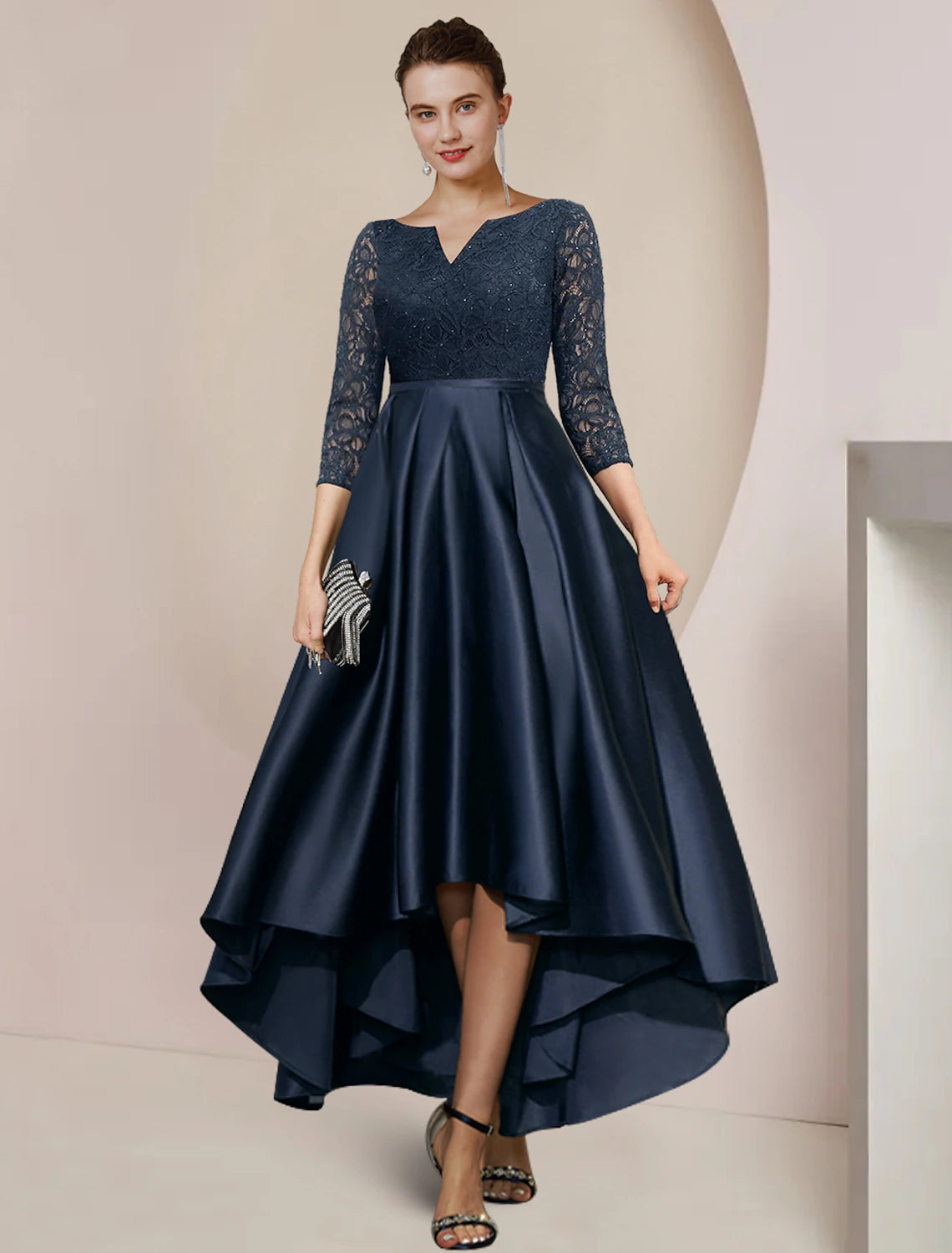 Weitese A-Line Mother of the Bride Dress with scoop neck and 3/4 sleeves, featuring a high-low satin and lace skirt.