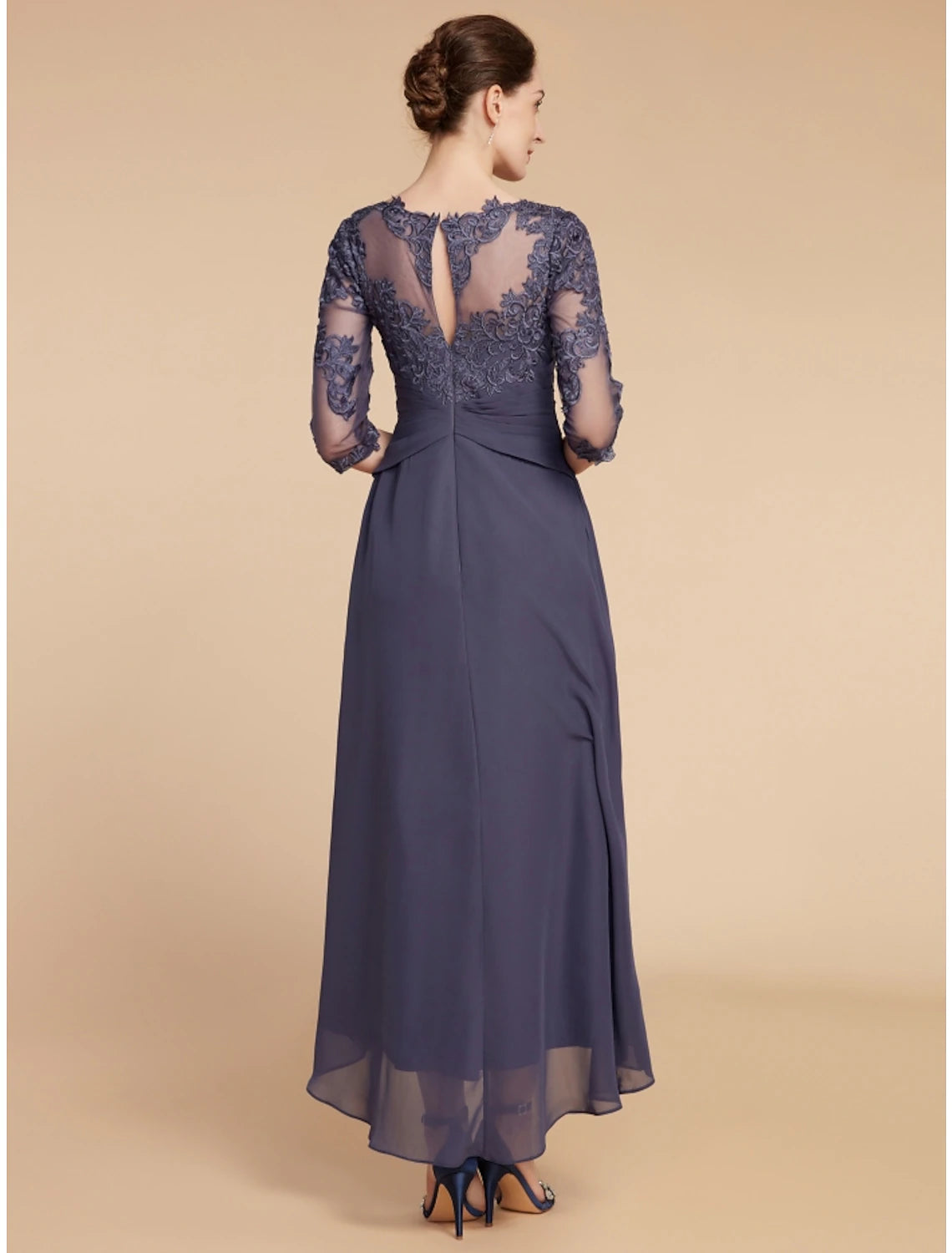 Side view of Weitese chiffon lace dress with ruching detail.