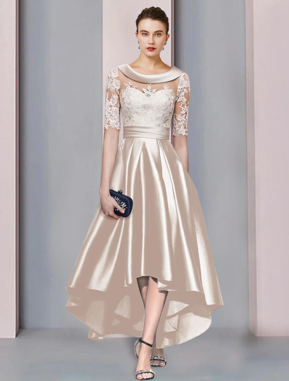 Weitese A-Line Mother of the Bride dress, elegant tea length with scoop neck and half sleeves.