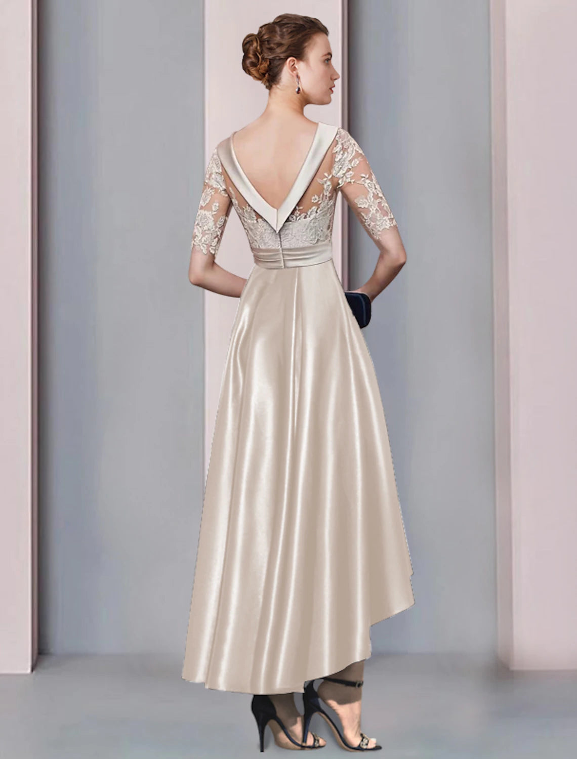 Side view of Weitese A-Line dress, showcasing the high-low asymmetrical hem and satin lace appliques.