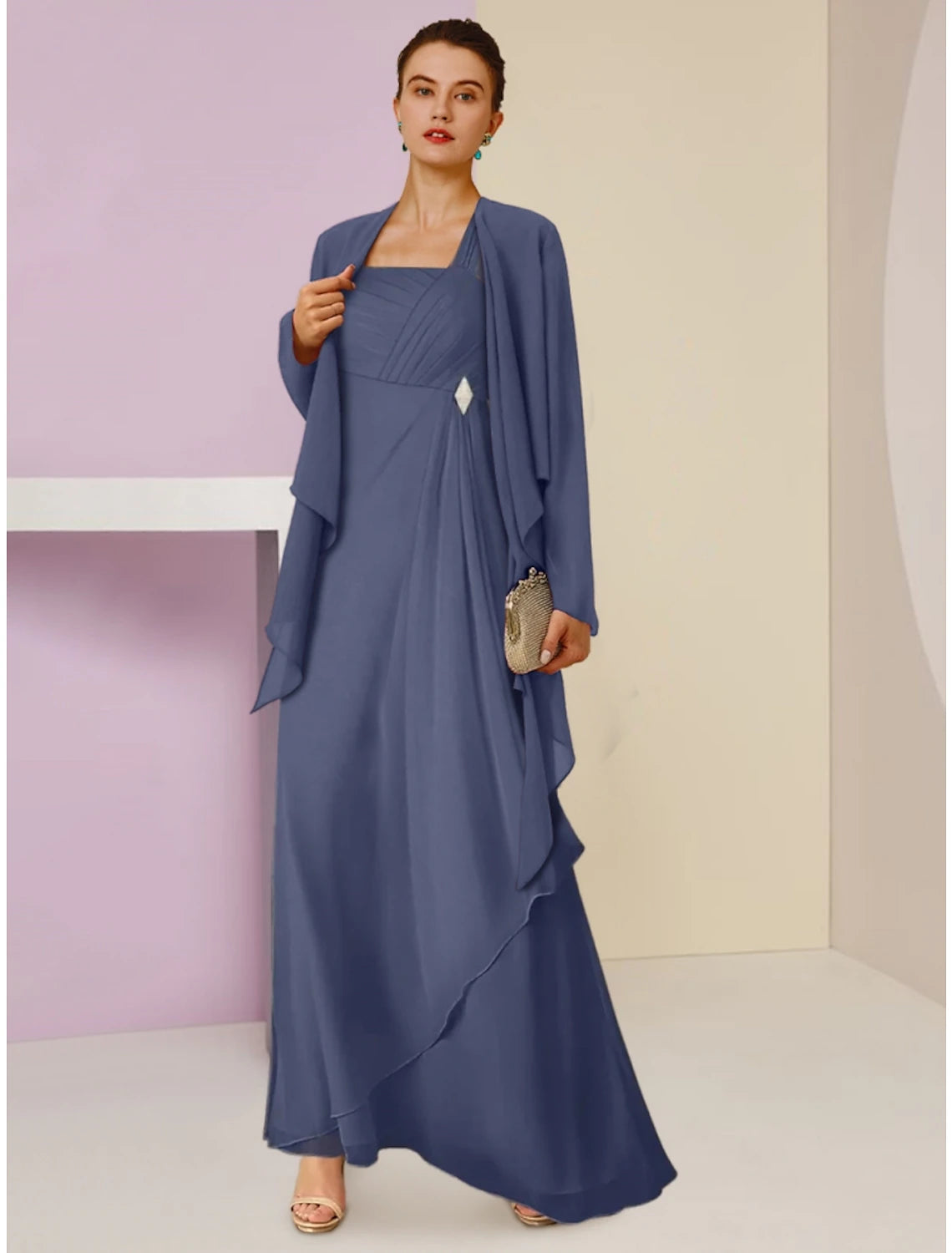 Weitese A-Line Mother of the Bride dress with square neck and long chiffon sleeves.