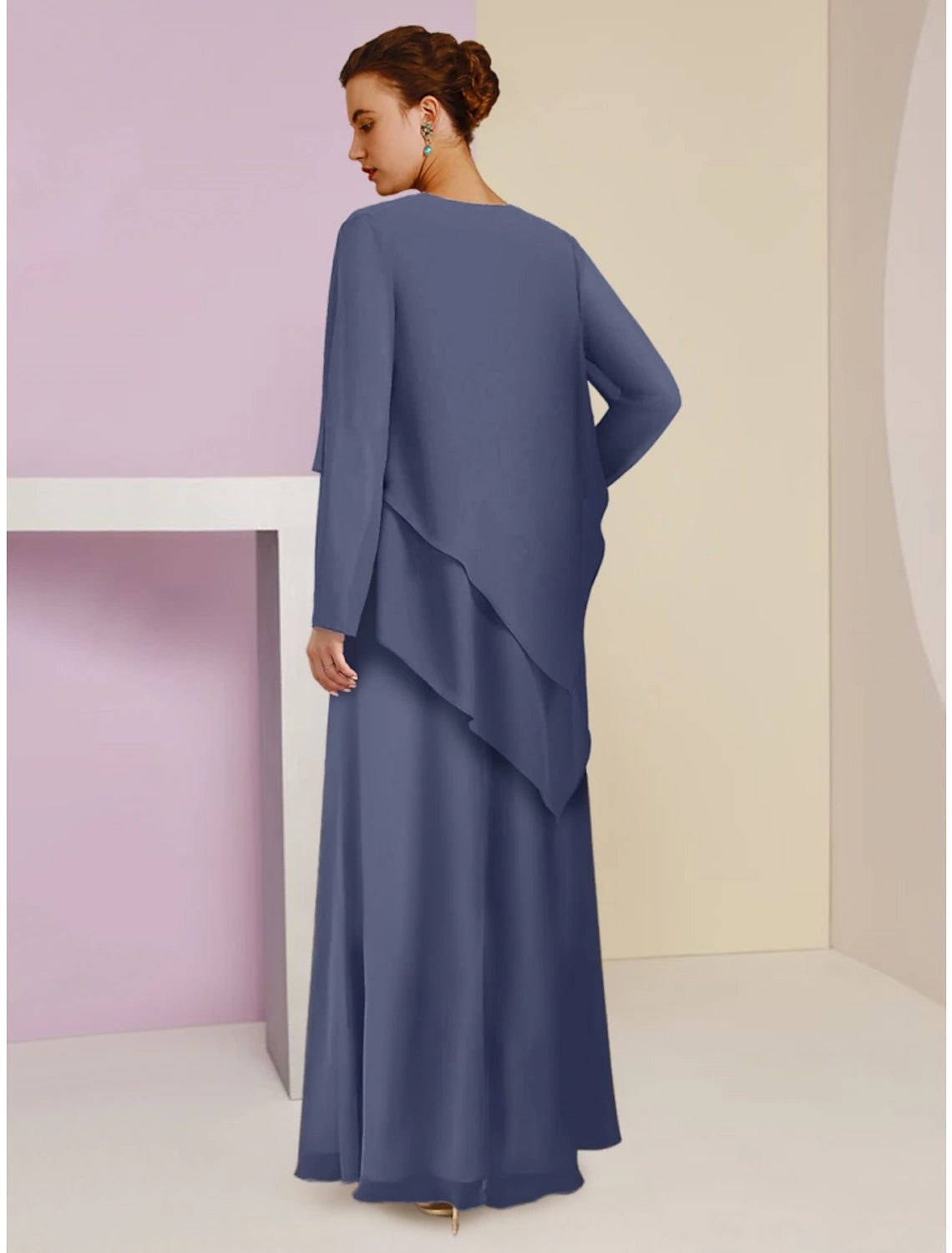 Side view of the elegant A-Line dress, highlighting the long sleeves and ruching detail.