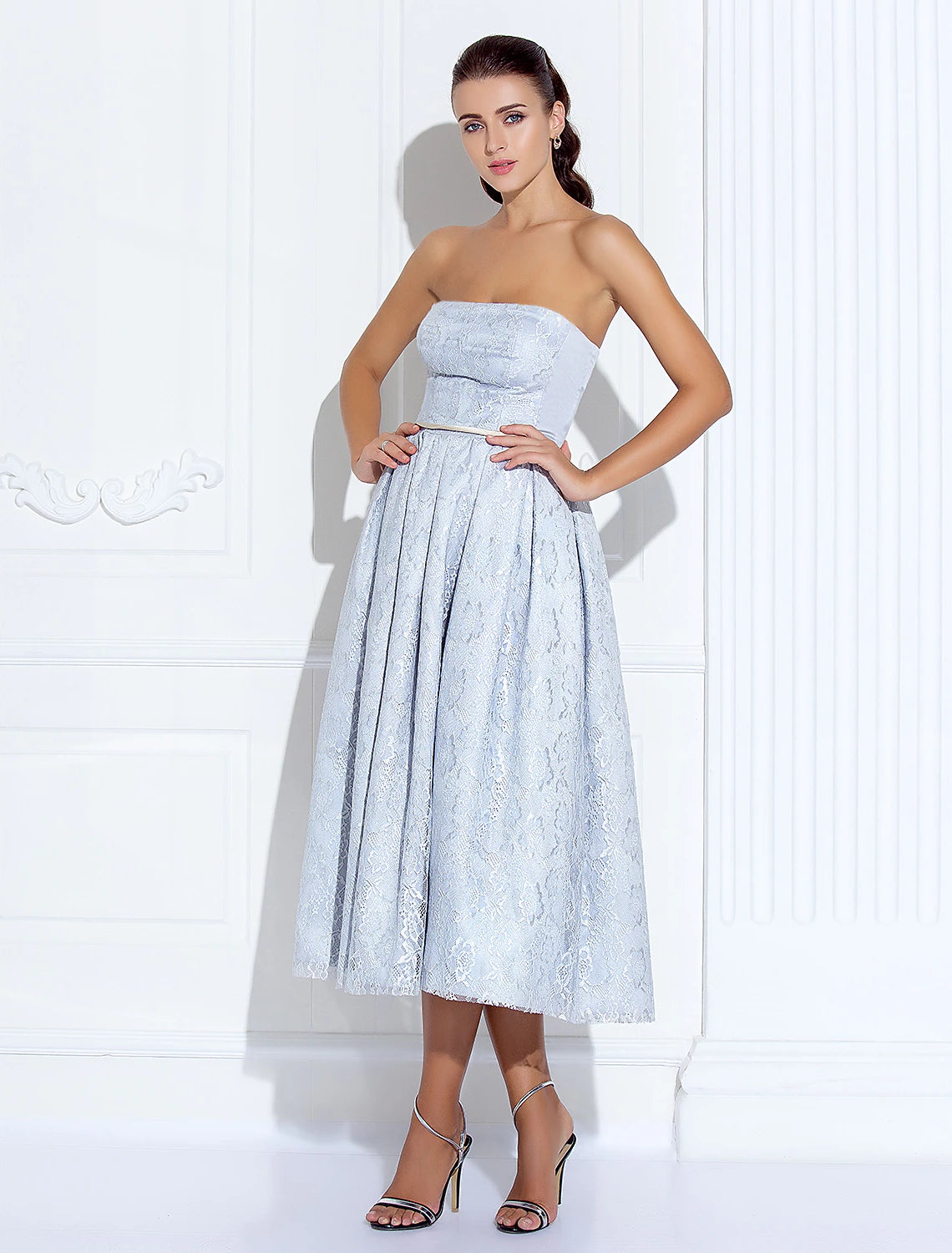 Weitese A-Line strapless tea length lace and satin cocktail dress.