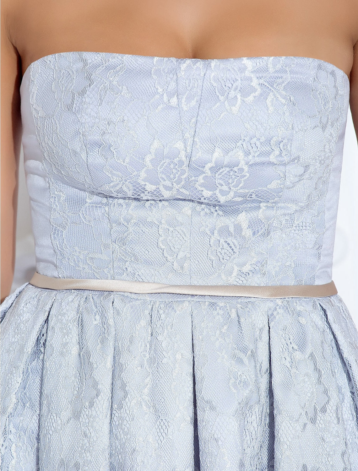 Full length view of a model wearing the Weitese A-Line strapless dress.