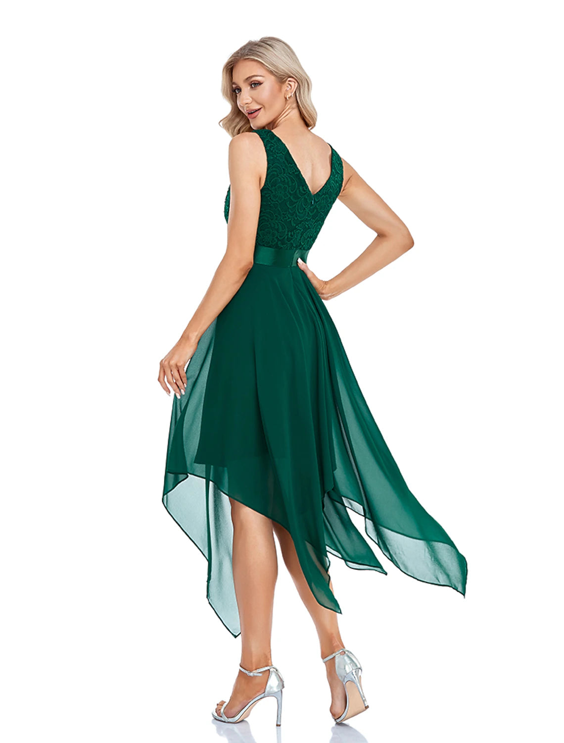 Side view of a model in a Weitese A-line V-neck asymmetrical chiffon cocktail dress.