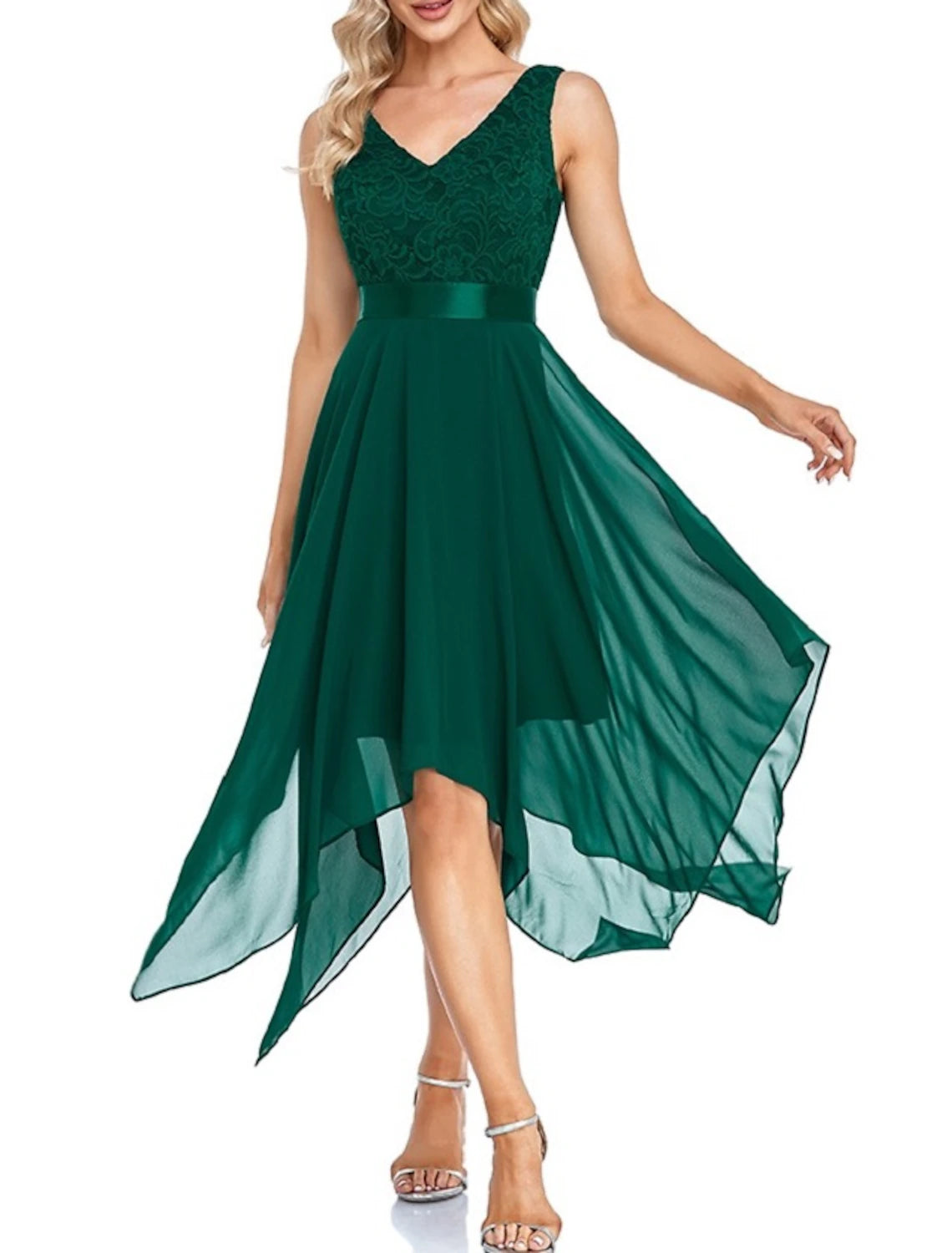 Back view of a model in a Weitese A-line V-neck asymmetrical chiffon cocktail dress, showing V-back.