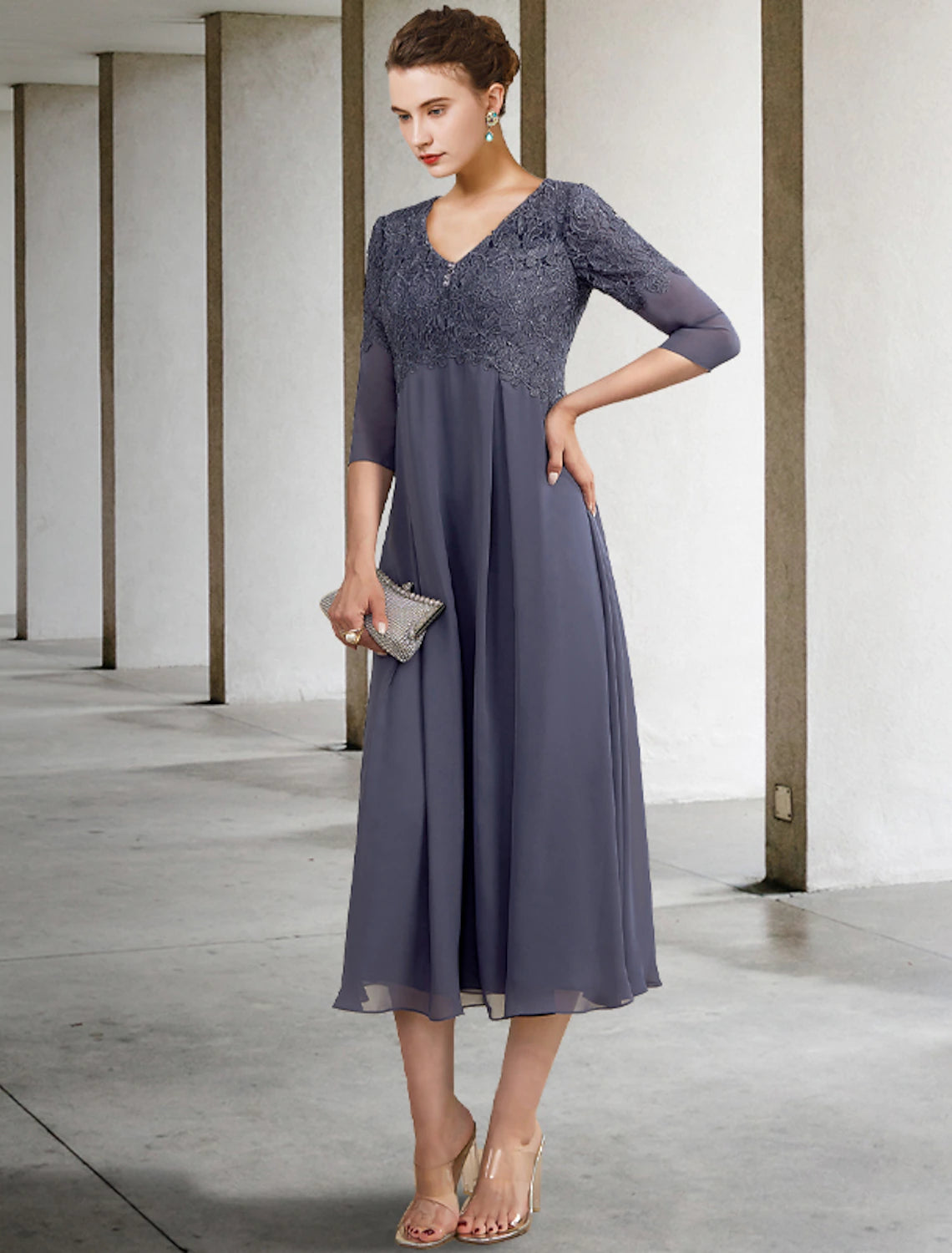 Back view of the tea length Mother of the Bride dress.