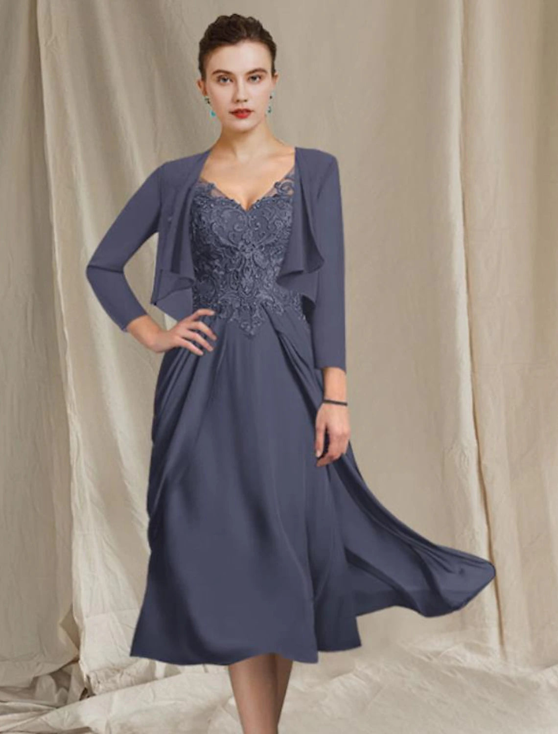 Weitese A-Line Mother of the Bride dress in elegant V-neck, tea length, with short sleeves and appliques.