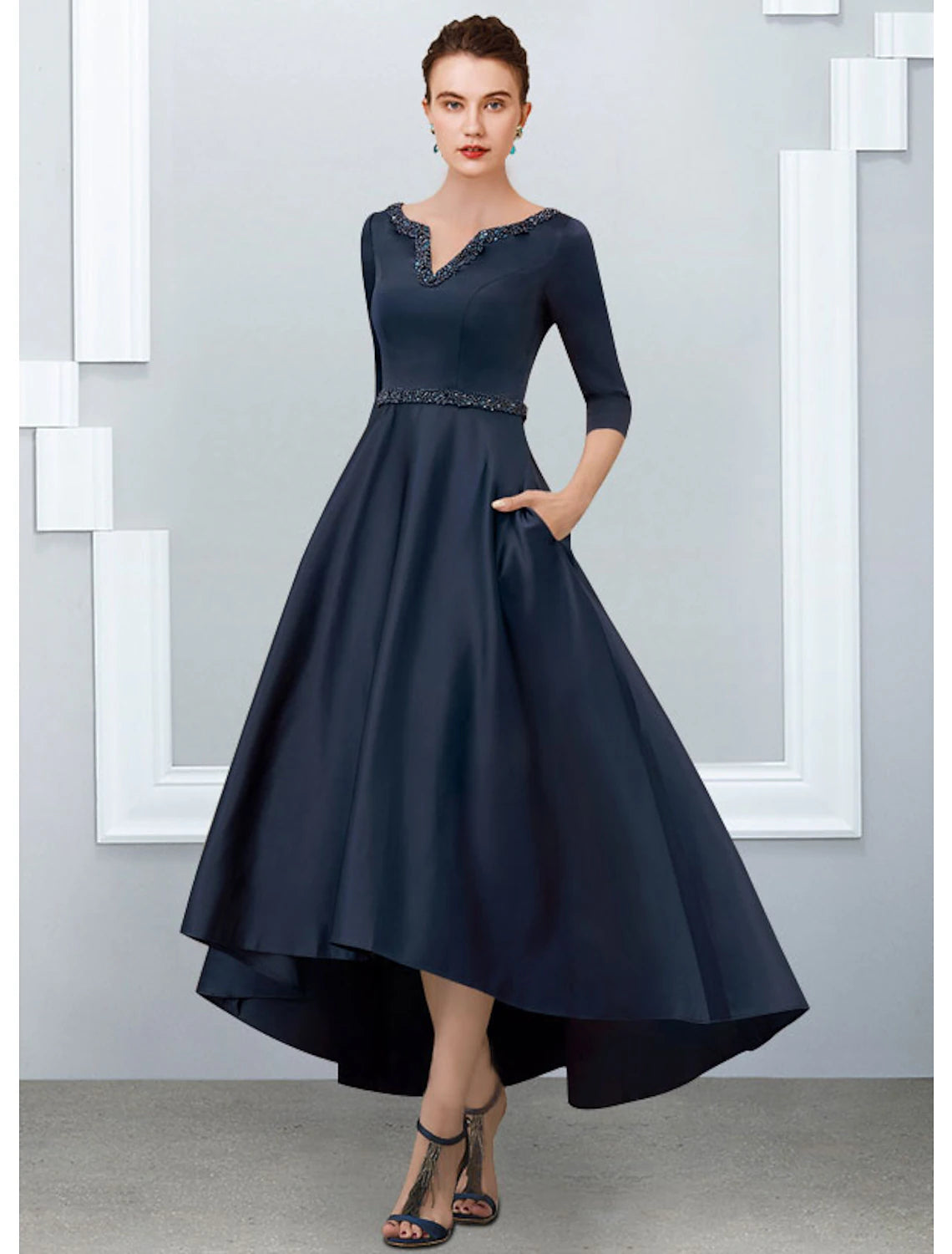 Model wearing the Weitese A-Line V-neck half-sleeve satin pleated high-low dress.