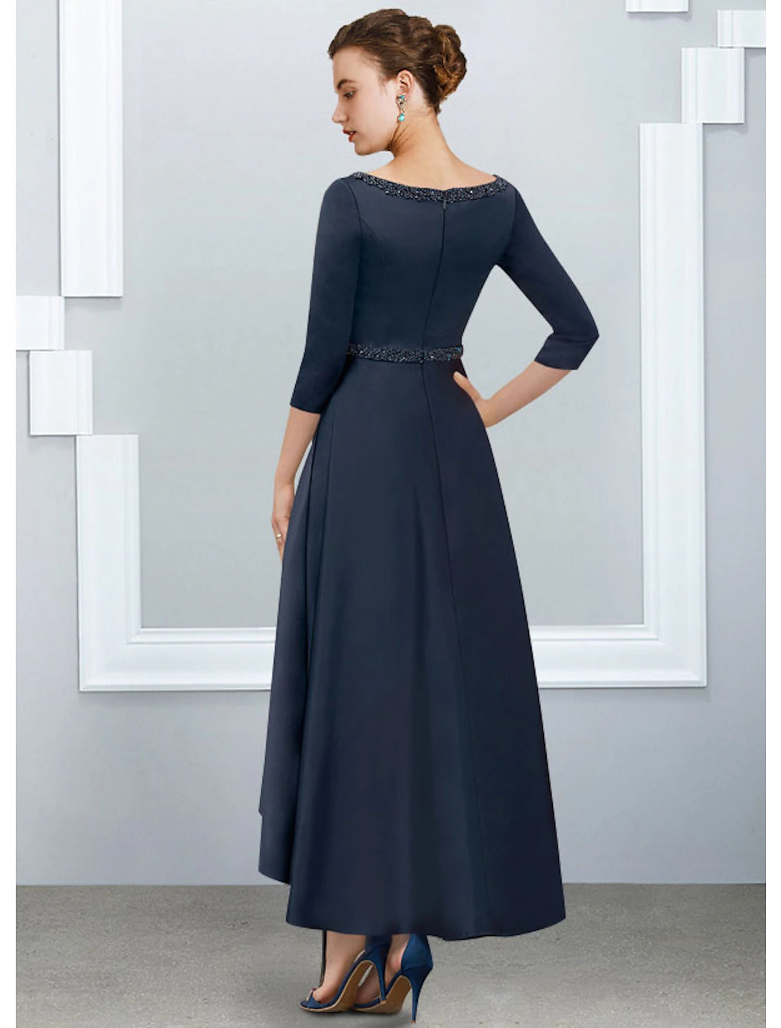 Side view of the Weitese A-Line V-neck half-sleeve satin pleated high-low dress.
