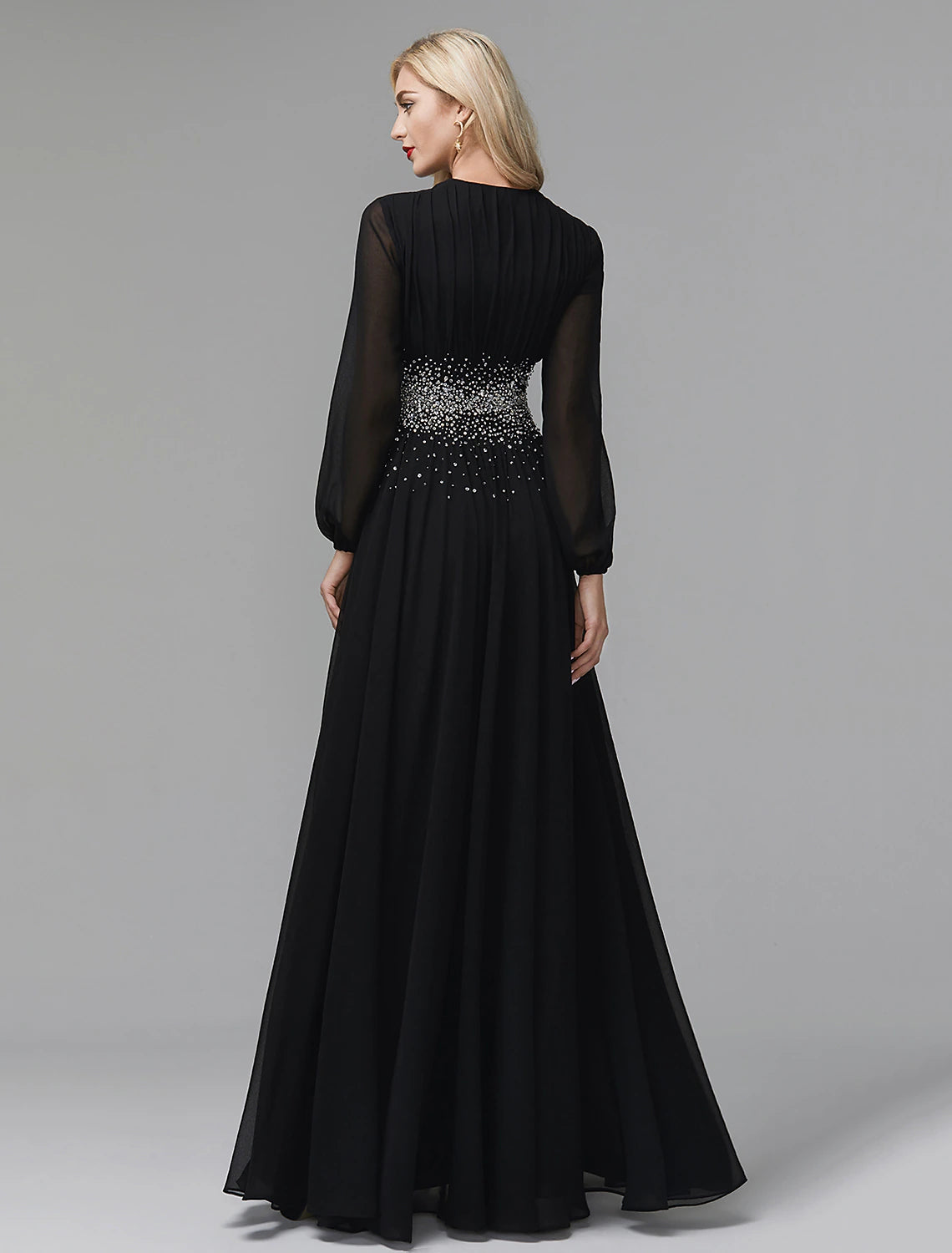 Side view of the Weitese A-Line sequin chiffon evening gown, showing long sleeves.