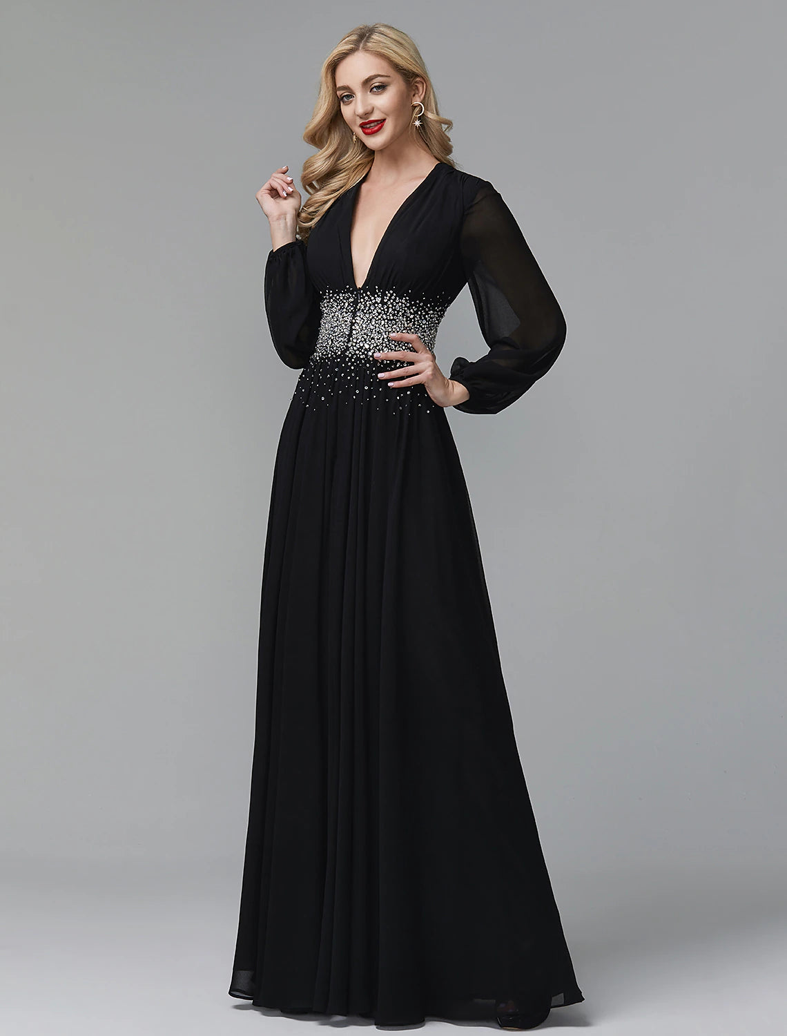 Back view of the Weitese A-Line sequin chiffon evening gown.