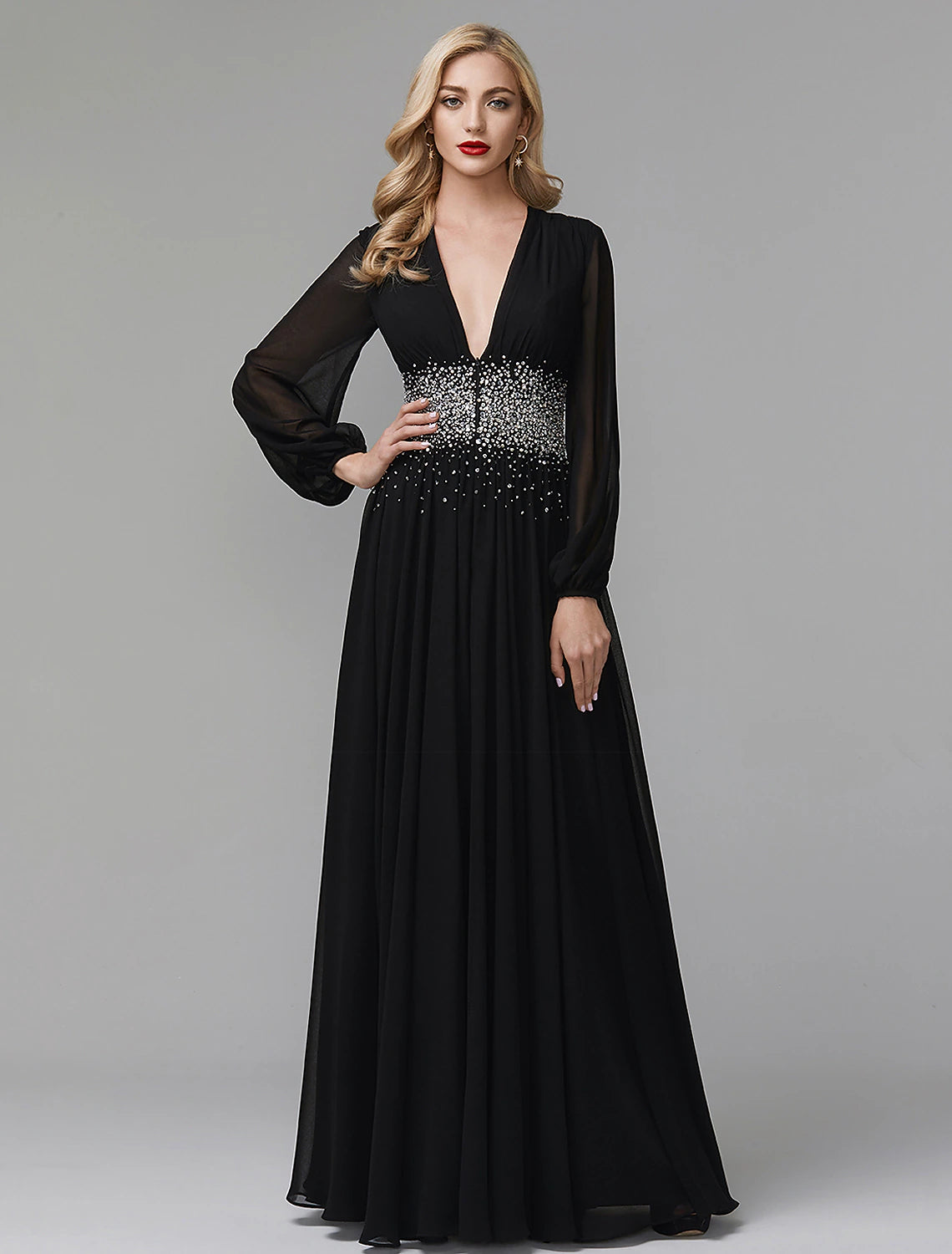 Close-up of the sequin detail on the Weitese A-Line evening gown.