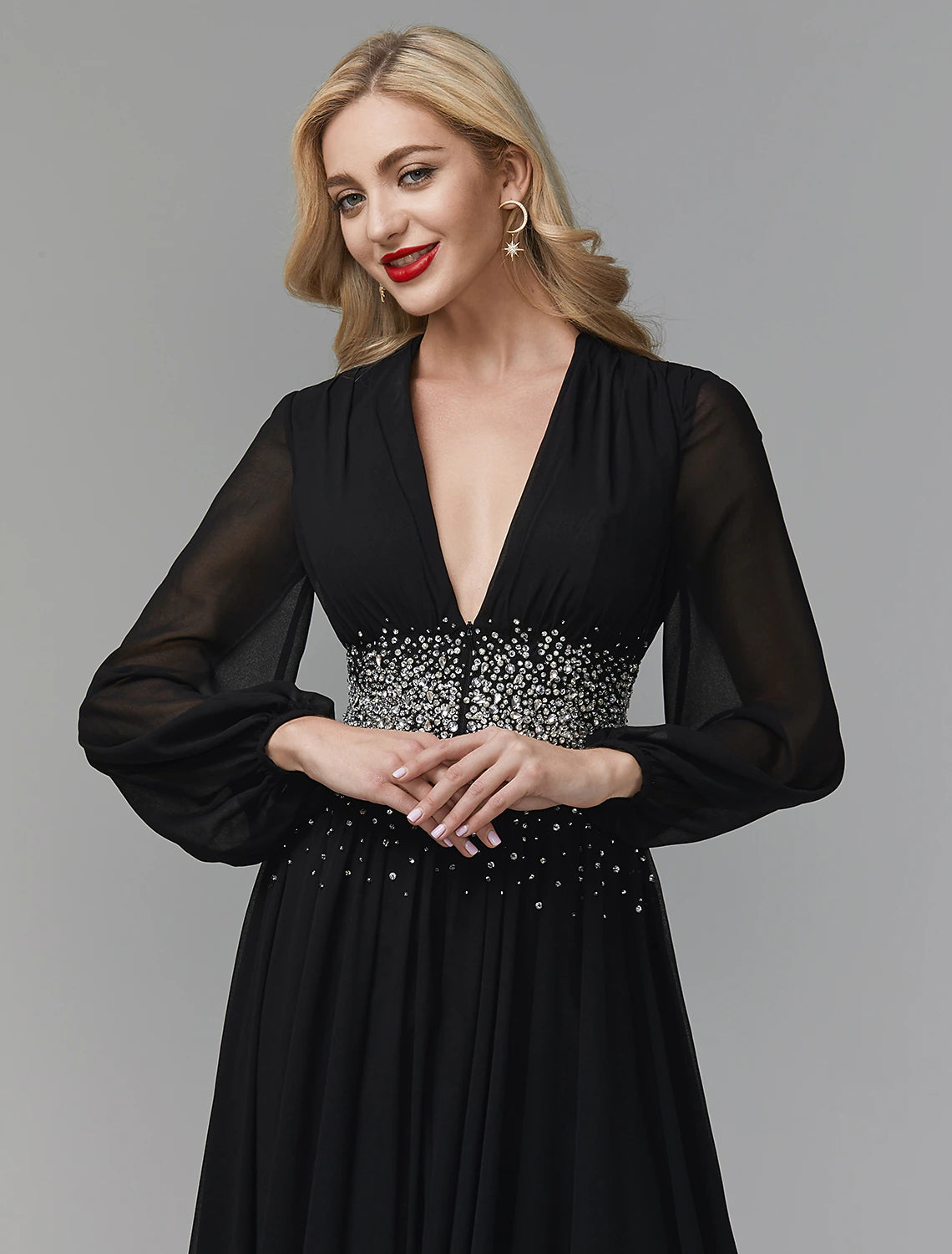 Model posing in the Weitese A-Line sequin chiffon evening gown.