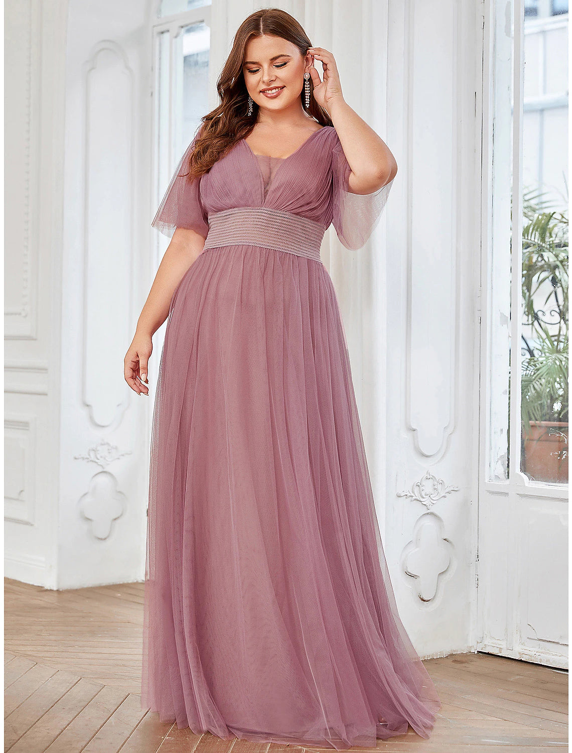 Weitese A-line V-neck short sleeve bridesmaid dress with ruffles, front view.