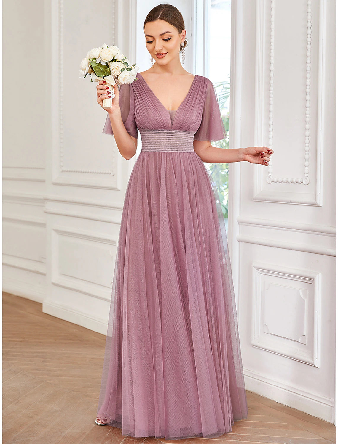 Side view of the Weitese A-line tulle bridesmaid dress, showing sleeve and skirt flow.