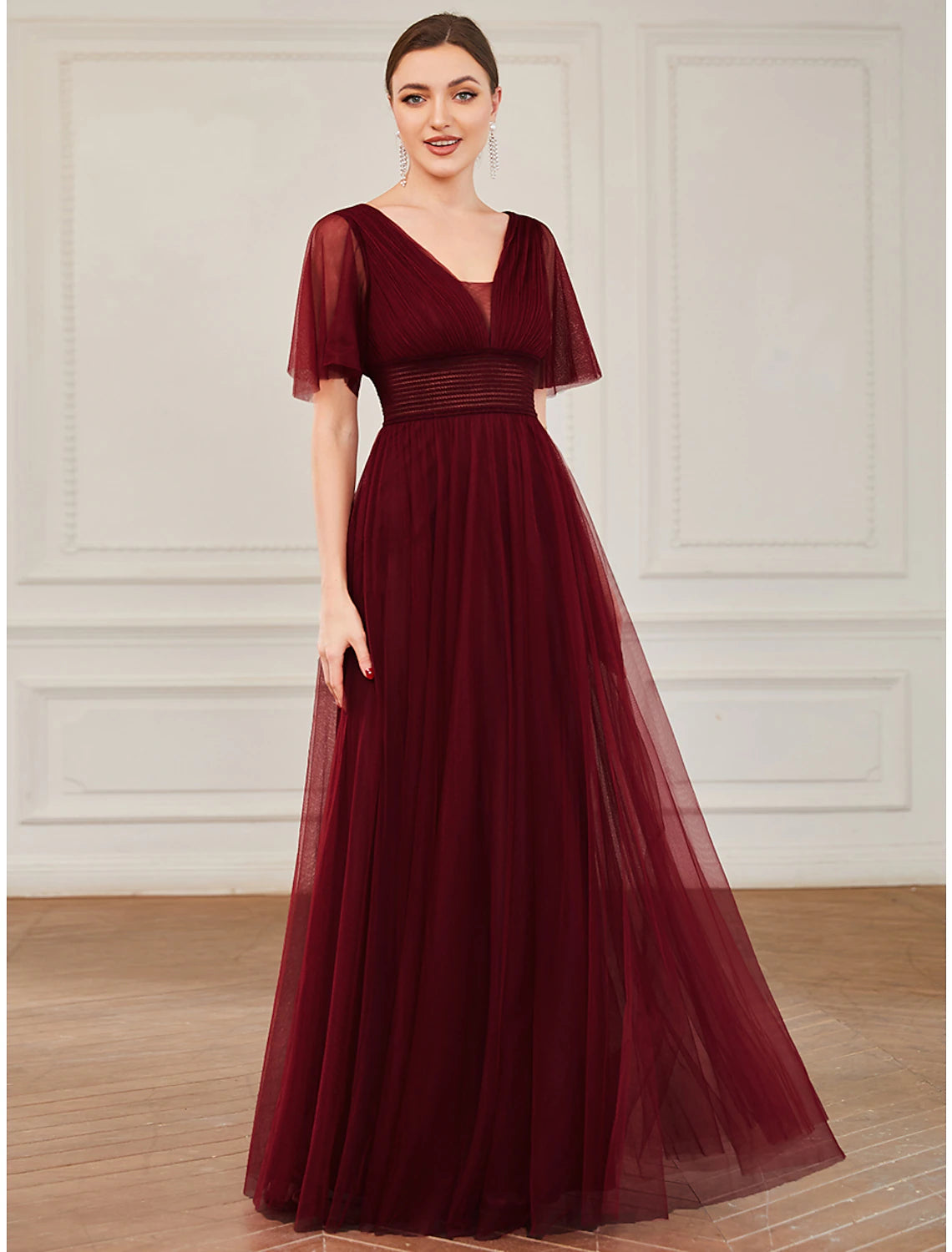 Close-up of the ruffled tulle fabric on the Weitese bridesmaid dress.
