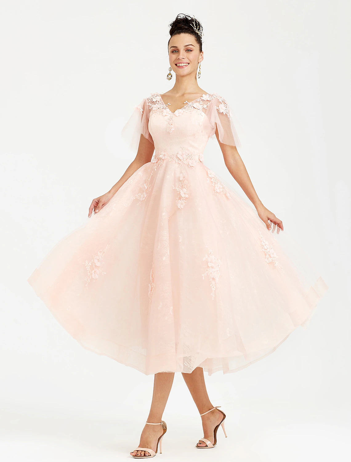 Back view of the Weitese A-line tea length formal dress.
