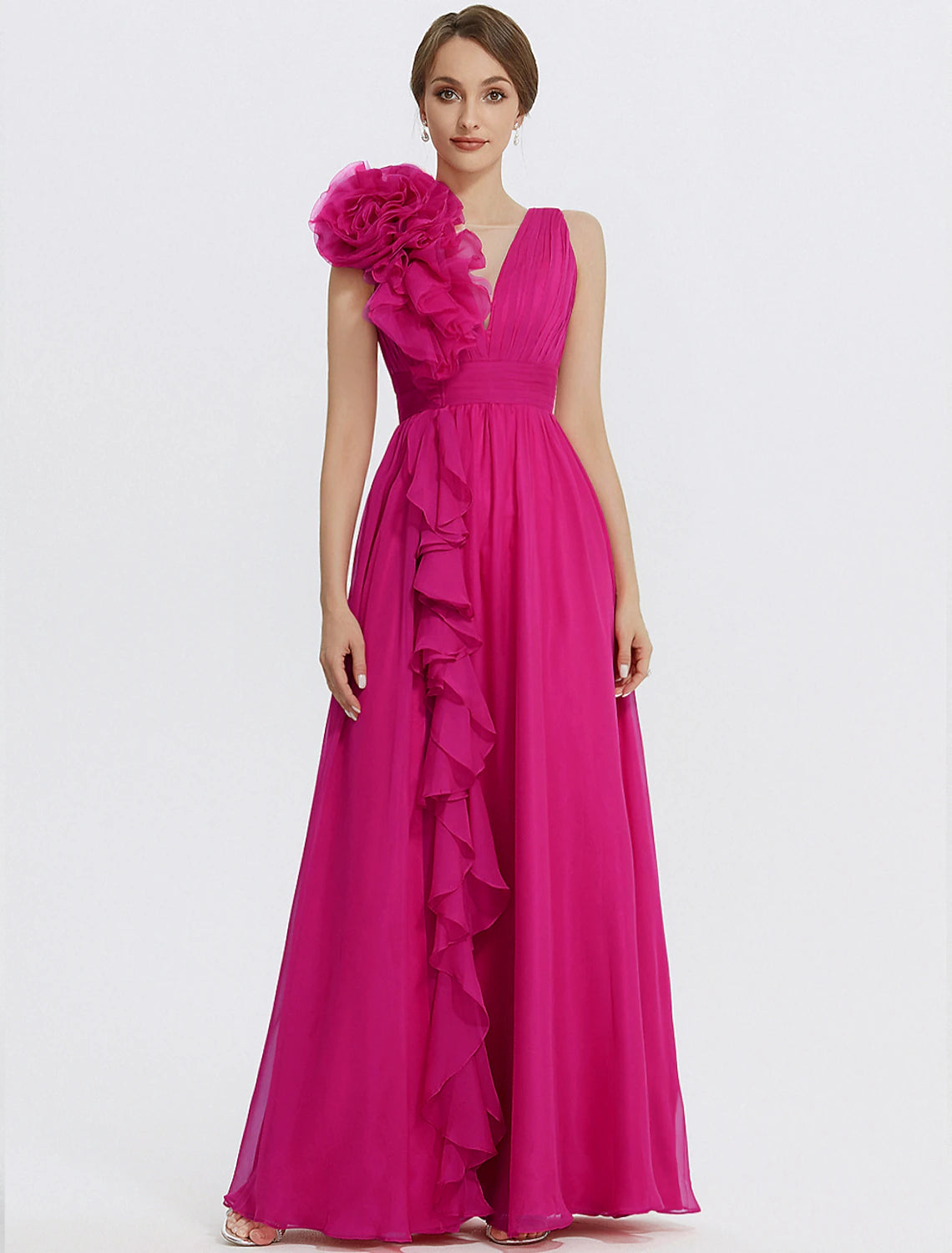 Woman wearing a Weitese A-Line V-neck floral chiffon evening gown.