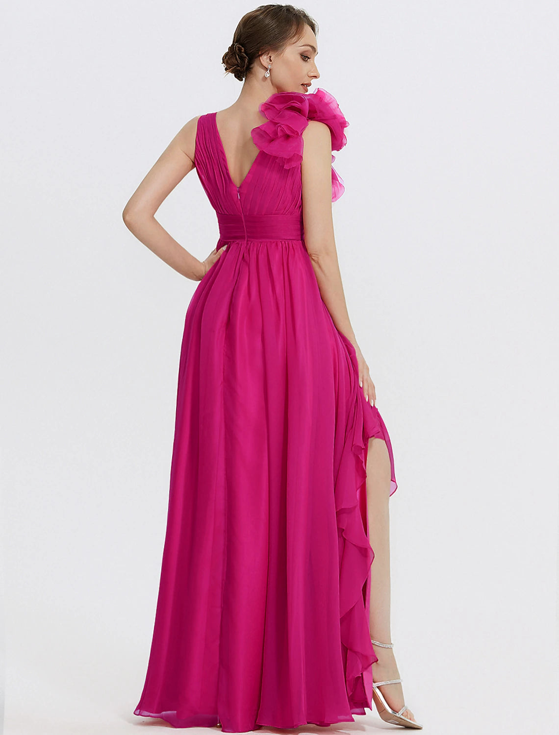 Front view of the Weitese A-Line floral chiffon gown, elegant pose.
