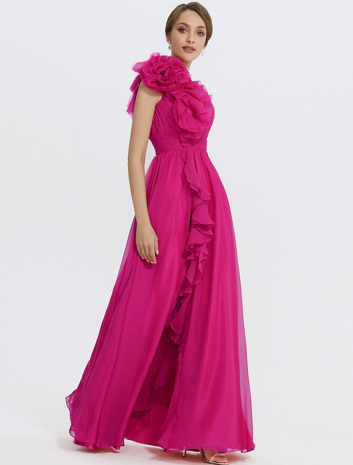 Side profile of a woman in the Weitese A-Line V-neck floral evening dress.