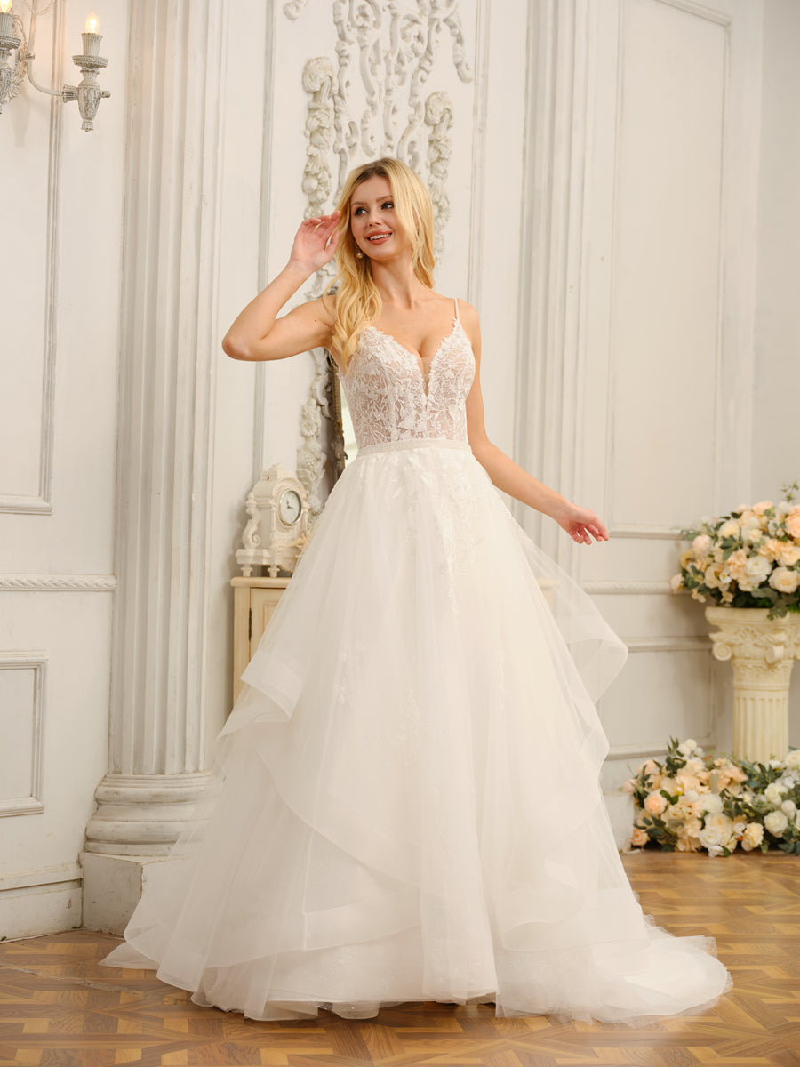 Close-up of the V-neckline and intricate appliques on the Weitese wedding dress.
