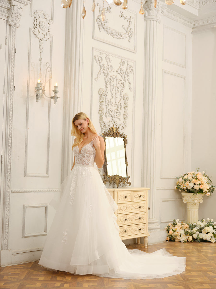 Full length view of the Weitese elegant wedding dress, showcasing its silhouette.