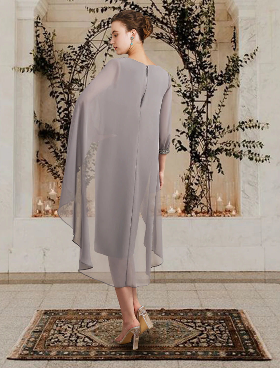 Side view of the elegant chiffon sheath dress, highlighting its flowing silhouette and sleeve details.