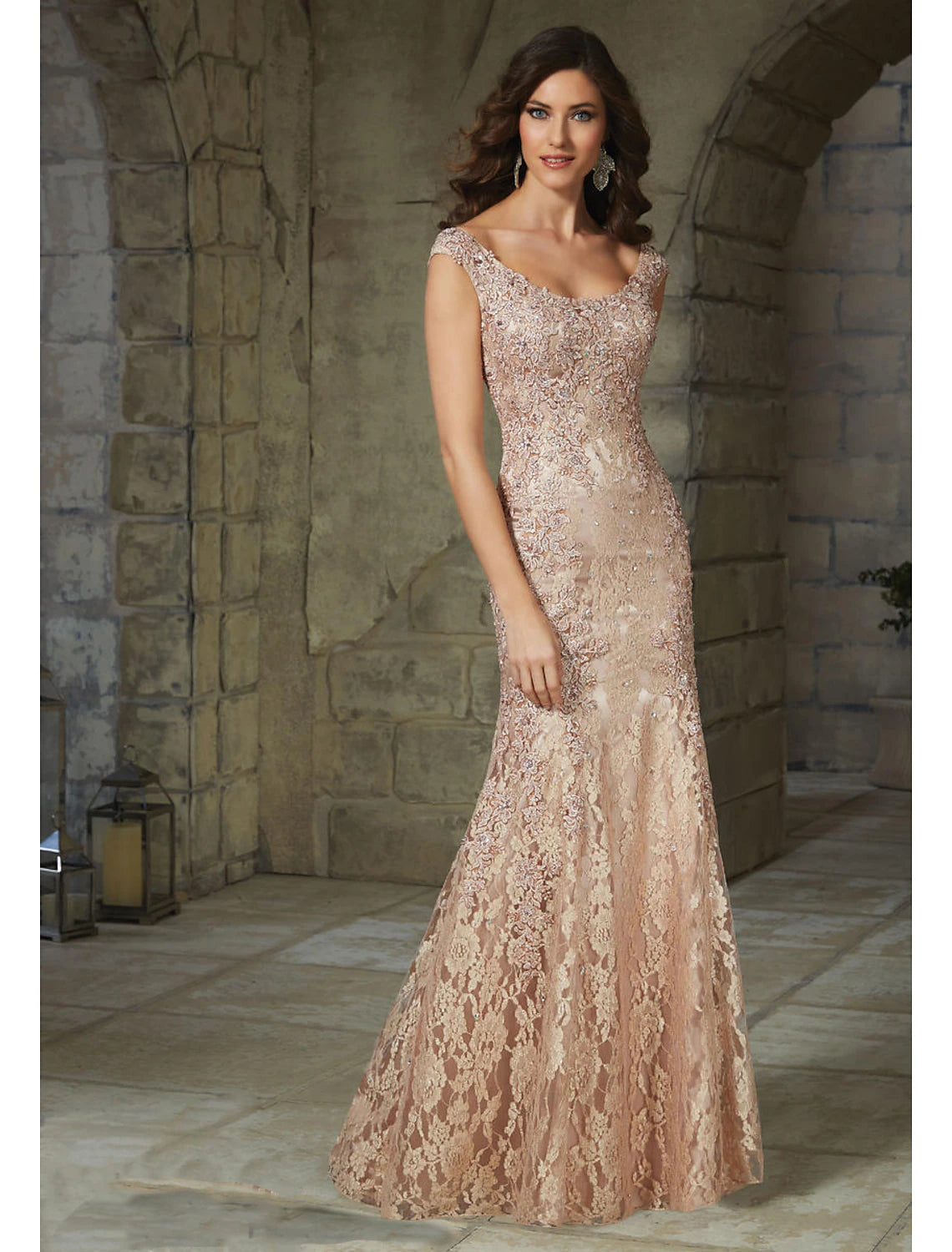 Woman wearing a Weitese elegant floral lace mermaid evening dress.