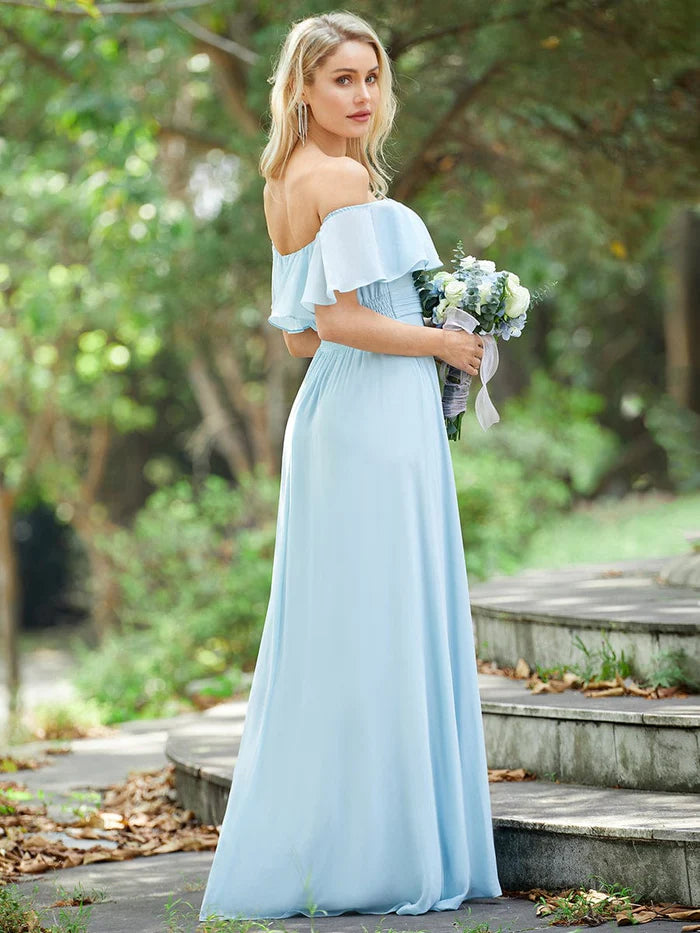 Back view of the elegant off-shoulder chiffon bridesmaid dress.