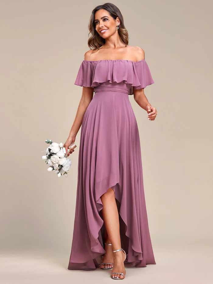 Woman in the flowy high-low chiffon bridesmaid dress, showcasing the skirt movement.