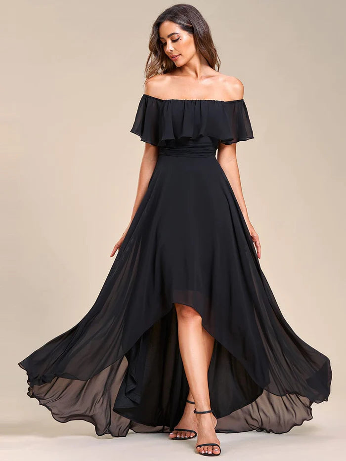 Full length front view of the elegant off-shoulder high-low chiffon dress.