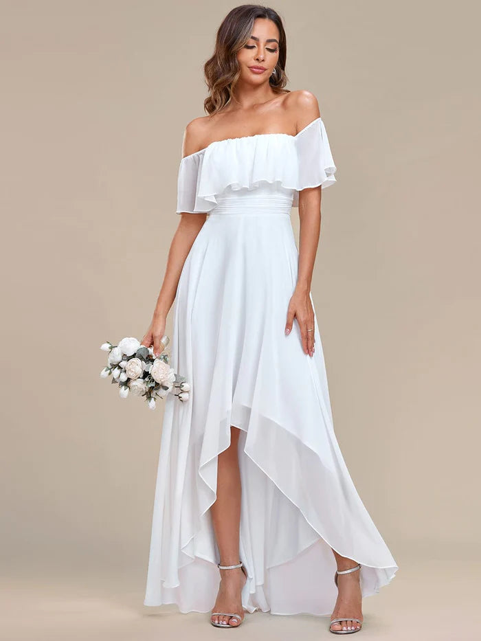 Woman walking gracefully in the off-shoulder high-low bridesmaid dress.