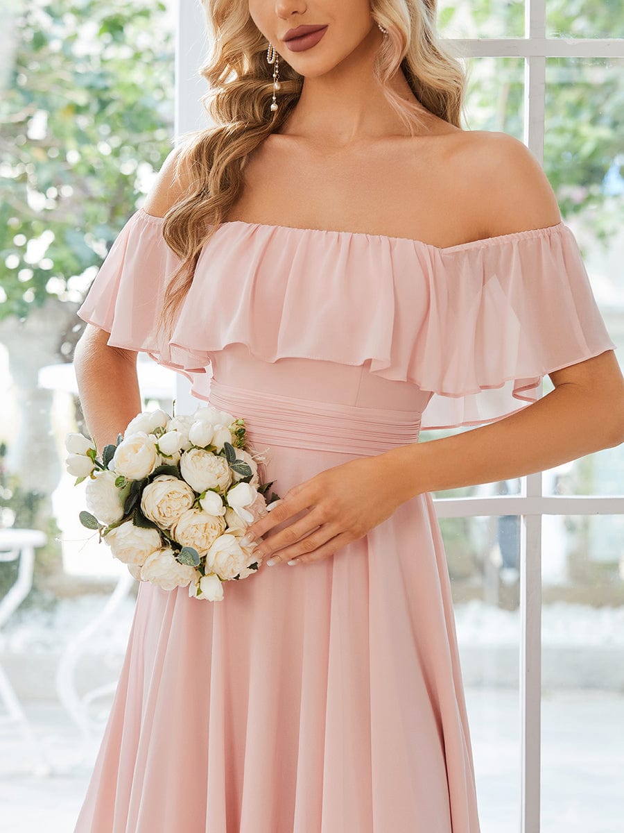 Full view of the Weitese asymmetrical bridesmaid dress, showing its flowy skirt.