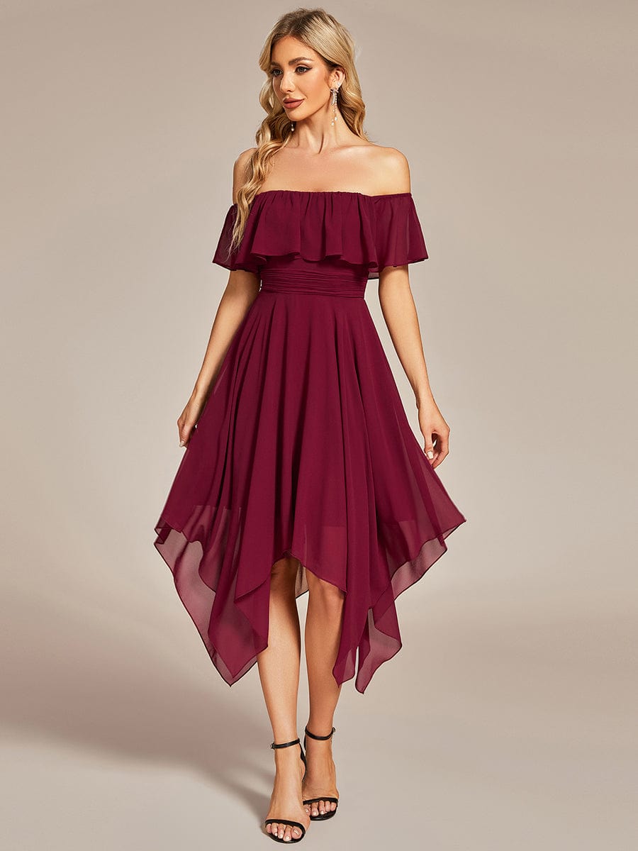 Model posing in a different color of the Weitese asymmetrical bridesmaid dress.